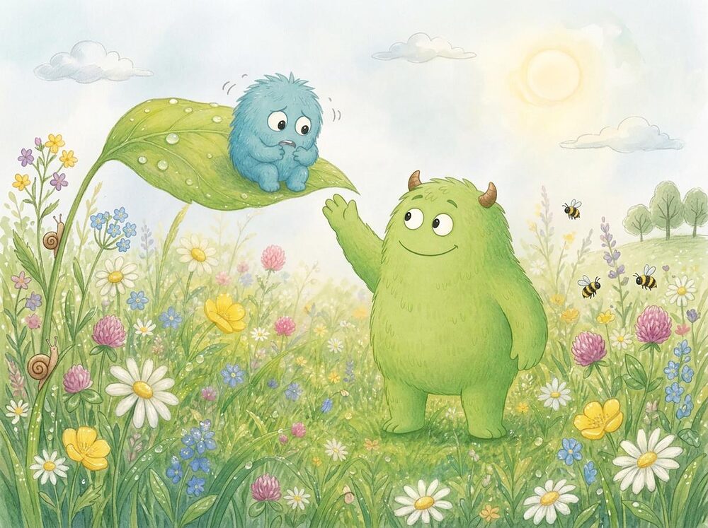 Pipp sitzt zitternd auf dem Rand eines Blattes hoch über einer Blumenwiese, Muck streckt ihm von unten den Arm entgegen.