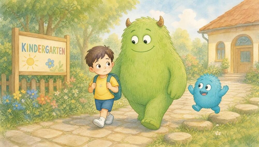 Nici geht mit Rucksack den Weg zum Kindergarten entlang, Muck und Pipp begleiten ihn.
