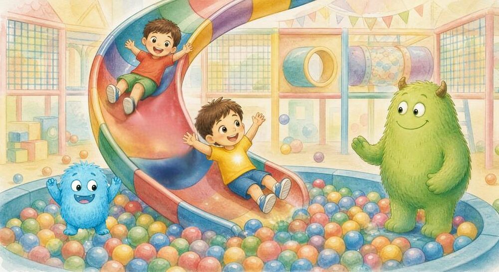 Nici rutscht lachend eine bunte Rutsche hinunter in ein Bällebad, Muck und Pipp jubeln.