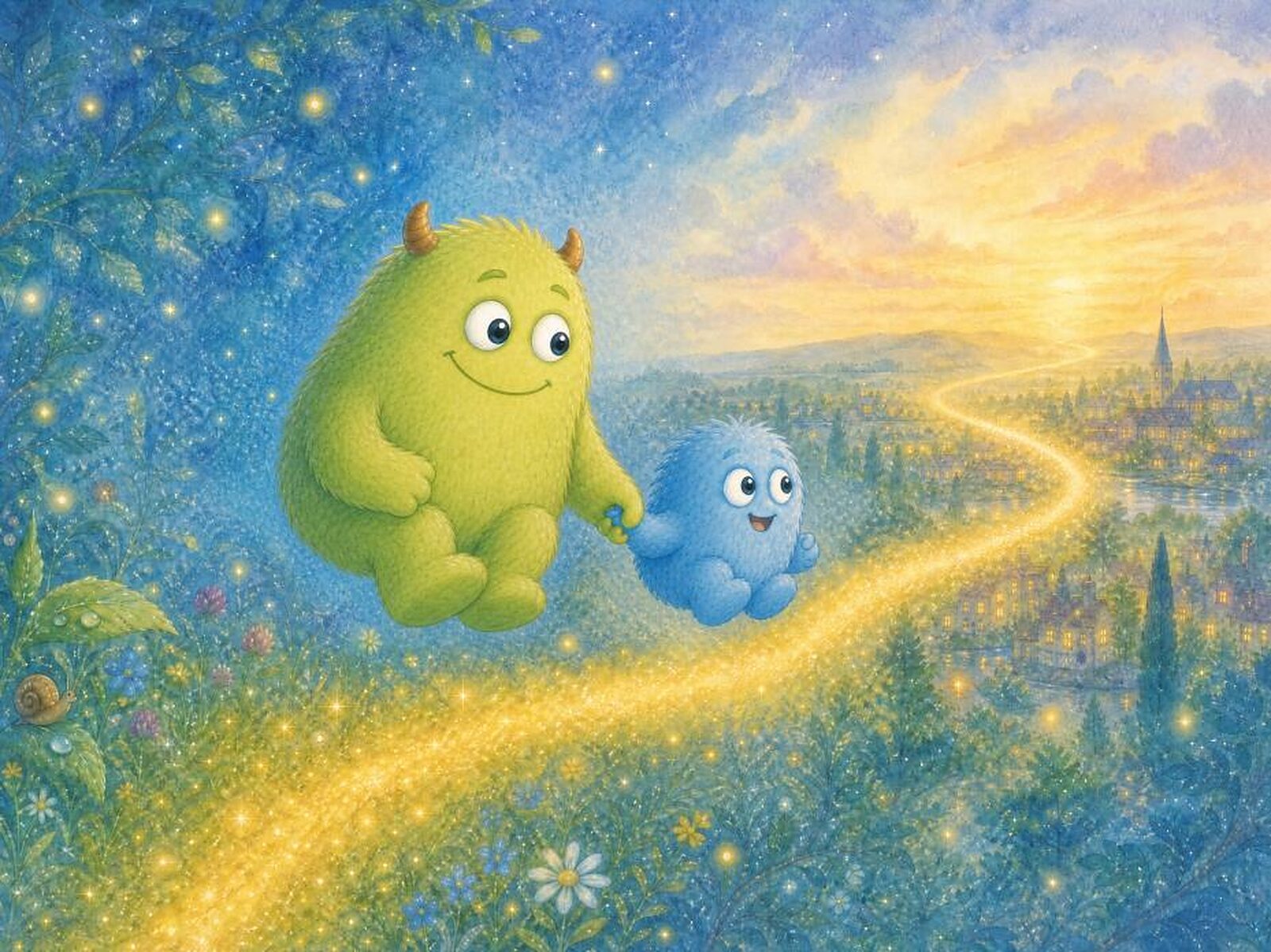 Muck und Pipp fliegen Hand in Hand eine goldene Lichtspur entlang, die aus ihrer Welt hinunter in die Welt der Menschen führt.