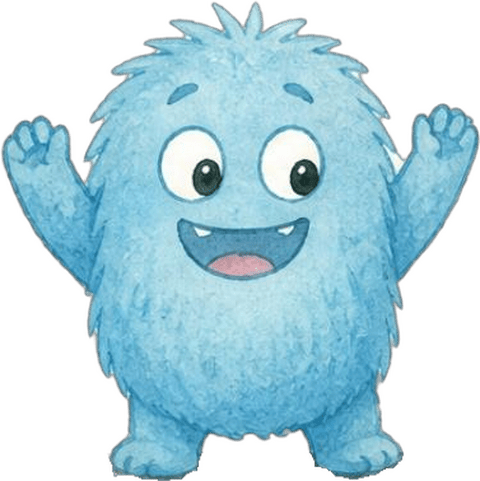 Pipp, ein kleines, flauschiges blaues Wesen mit großen runden Augen, streckt beide Arme hoch.