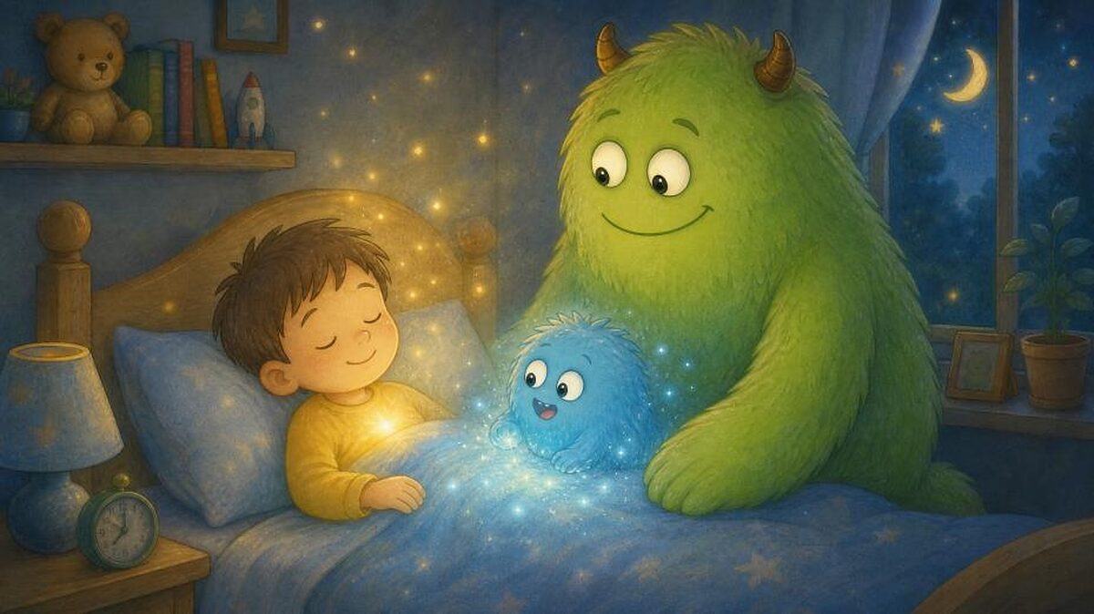 Nici liegt im Bett, Muck und Pipp sitzen leuchtend neben ihm im dunklen Kinderzimmer.